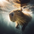 A Capibara swimming underwater close up. ai generative Royalty Free Stock Photo