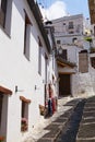 Capileira, Andalucia, Spain - May 29, 2019: Narrow cobblestone street of white houses decorated with flower pots and lanterns,