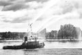CAPITAINE JEAN THOMAS name old wood boat on the river Seine Armada parade exhibition black and white Royalty Free Stock Photo