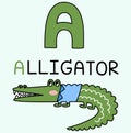 A capital of alligator or crocodile in light blue shirt funny kids graphic illustration. Reptile animal cartoon doodle flat design