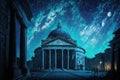 Capital building in the city at night. Starry sky. Abstract picture in the style of post-impressionism. Generative AI