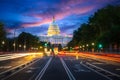 Capital building in Washington DC city at night wiht street and Royalty Free Stock Photo