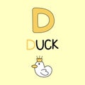 A capital of duck or poultry in joyful light yellow funny kids graphic illustration. pet animal cartoon doodle flat design