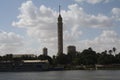 The capital of Egypt is Cairo. View of the Nile River. There is an observation tower on the opposite shore.