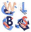 Capital english letters W for wok racing, B for bobsleigh, S for skeleton sport, L for luge isolated on white. Healthy characters