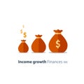 Fundraising concept, future investment, time is money, pension fund, superannuation finance, money bags, vector icon Royalty Free Stock Photo