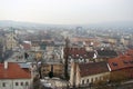 The capital of Hungary Budapest. Panorama of the city and its sculptural compositions on a misty winter day.