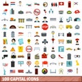 100 capital icons set, flat style Royalty Free Stock Photo