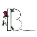 Capital initial letter B with red rose. Decorative font with flower and green leaves for monograms and logos.