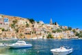 The capital of the island of Symi - Ano Symi. Harani area Royalty Free Stock Photo