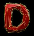 Capital latin letter D in low poly style red and gold color isolated on black background. 3d