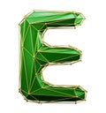 Capital latin letter E in low poly style green and gold color isolated on white background. 3d