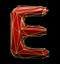 Capital latin letter E in low poly style red and gold color isolated on black background. 3d