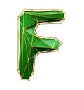 Capital latin letter F in low poly style green and gold color isolated on white background. 3d