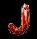 Capital latin letter J in low poly style red and gold color isolated on black background. 3d