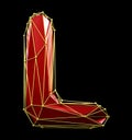 Capital latin letter L in low poly style red and gold color isolated on black background. 3d