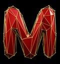 Capital latin letter M in low poly style red and gold color isolated on black background. 3d