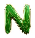 Capital latin letter N in low poly style green and gold color isolated on white background. 3d