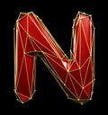 Capital latin letter N in low poly style red and gold color isolated on black background. 3d