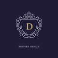 Capital letter D. Beautiful monogram. Elegant logo. Calligraphic design. Luxury emblem. Vintage ornament. Simple graphics style.