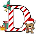 Capital letter d with cute teddy bear and christmas design elements