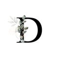 Capital letter D decorated with golden flower and leaves. Letter of the English alphabet with floral decoration. Green foliage