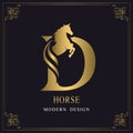 Capital Letter D with a Horse. Royal Logo. King Stallion in Jump. Racehorse Head Profile. Gold Monogram on Black Background with