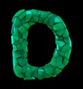 Capital letter D made of broken plastic green color isolated on black background