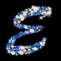 Capital letter E of the alphabet is decorated with jewelry and pearls. Precious blue and white pearls