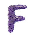 Capital letter F made of broken plastic purple color isolated on white background