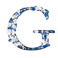 Capital letter G of the alphabet is decorated with jewelry and pearls. Precious blue and white pearls