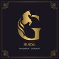 Capital Letter G with a Horse. Royal Logo. King Stallion in Jump. Racehorse Head Profile. Gold Monogram on Black Background with