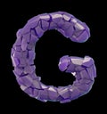 Capital letter G made of broken plastic purple color isolated on black background