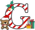 Capital letter g with cute teddy bear and christmas design elements