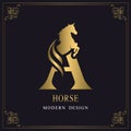 Capital Letter A with a Horse. Royal Logo. King Stallion in Jump. Racehorse Head Profile. Gold Monogram on Black Background with