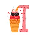 Capital letter I of childish English alphabet with ice cream. Kids sweet font with icecream for nursery and kindergarten