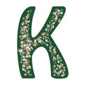 Capital letter K of the alphabet is decorated with jewelry and pearls. Precious blue and white pearls