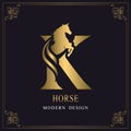 Capital Letter K with a Horse. Royal Logo. King Stallion in Jump. Racehorse Head Profile. Gold Monogram on Black Background with