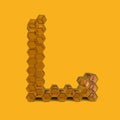 Capital letter L. Uppercase. Honey font on a yellow background. 3D