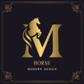 Capital Letter M with a Horse. Royal Logo. King Stallion in Jump. Racehorse Head Profile. Gold Monogram on Black Background with