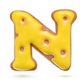 Capital letter N yellow gingerbread biscuit isolated on white