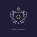 Capital letter O. Beautiful monogram. Elegant logo. Calligraphic design. Luxury emblem. Vintage ornament. Simple graphics style.