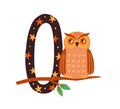 Capital letter O of childish English alphabet with owl in scandi style. Kids font with bird for kindergarten and