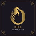 Capital Letter O with a Horse. Royal Logo. King Stallion in Jump. Racehorse Head Profile. Gold Monogram on Black Background with