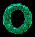 Capital letter O made of broken plastic green color isolated on black background