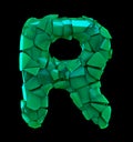 Capital letter R made of broken plastic green color isolated on black background