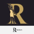 Capital letter R with Pretty Girl. Drawn Monogram for Logo Design, Invitations, Book, Restaurant, Services, Salons, Advertising,