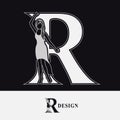 Capital letter R with Pretty Girl. Drawn Monogram for Logo Design, Invitations, Book, Restaurant, Services, Salons, Advertising,