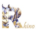 Capital letter R of watercolor rhinoceros with sand, isolated hand drawn on a white background. African animal. Wildlife