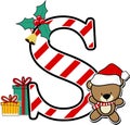 Capital letter s with cute teddy bear and christmas design elements